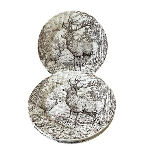 Queen's by Churchill Brown Thanksgiving Deer Buck 10” Dinner Plates Set of 4 NEW - Picture 1 of 14